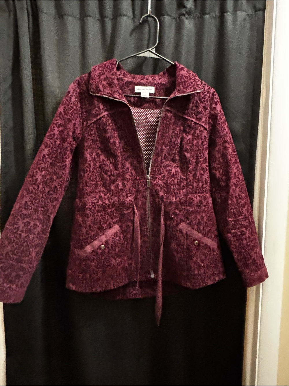 Moody Burgundy Velvet Damask Brocade Women’s Light Jacket